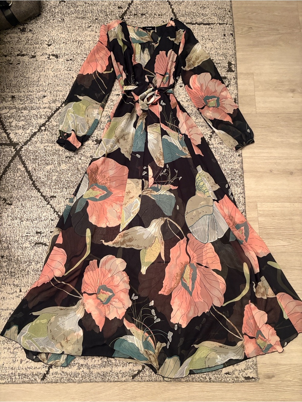 Floral Wrap Maxi Dress - Black with Pink Floral mini skirt lining.